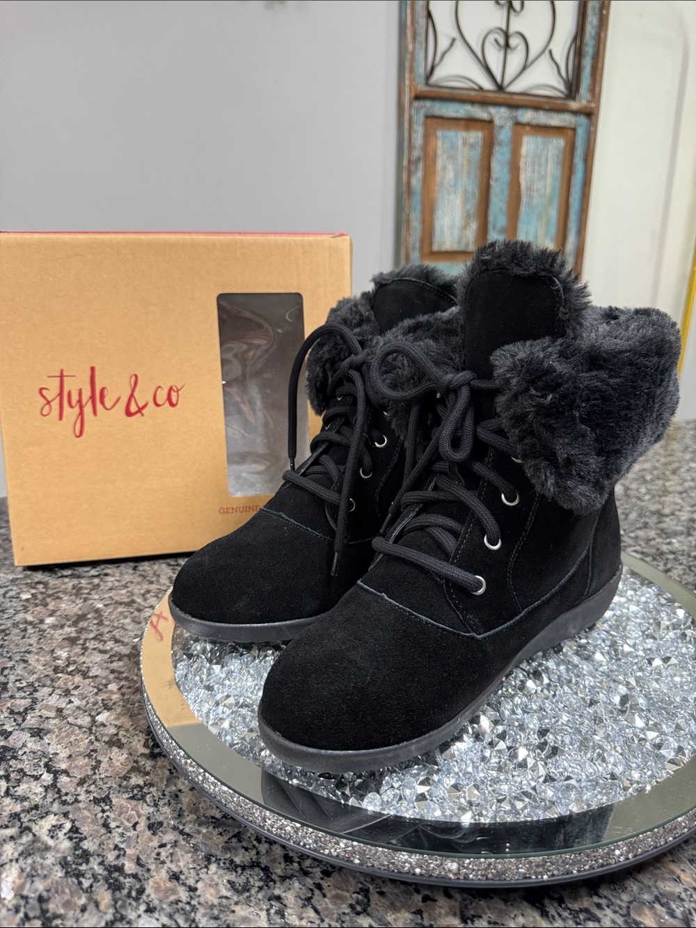 Style & Co. Black Lace-Up Faux-Fur Cuff Ankle winter Boots NEW 10